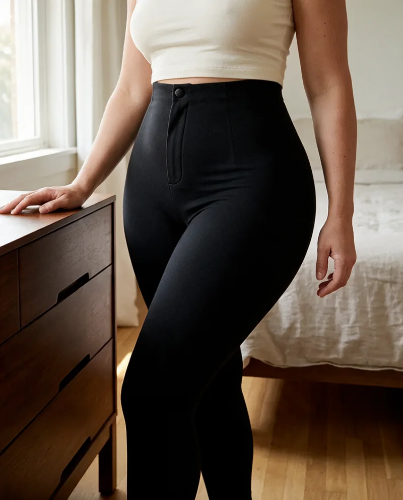 Tummy support and high waistband on a woman at home